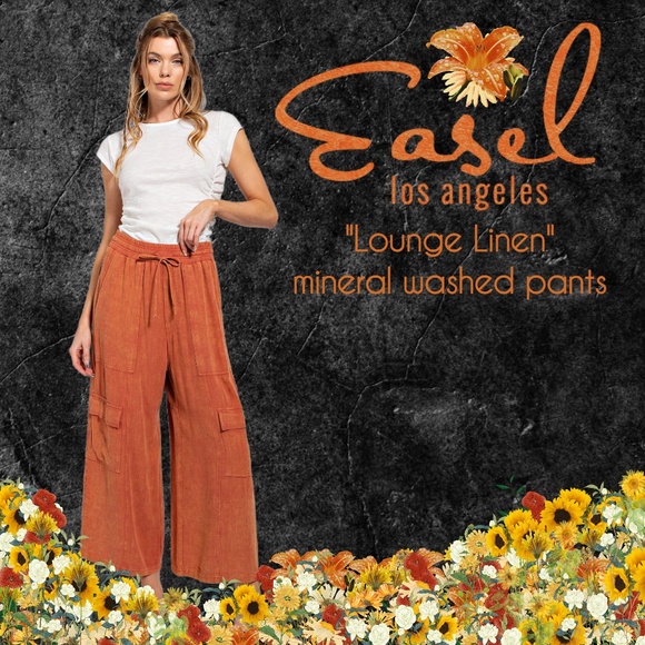 EASEL "Linen Lounge" Cotton Blend Mineral Washed Wide Leg Pants W/ Cargo Pockets - Picture 1 of 15